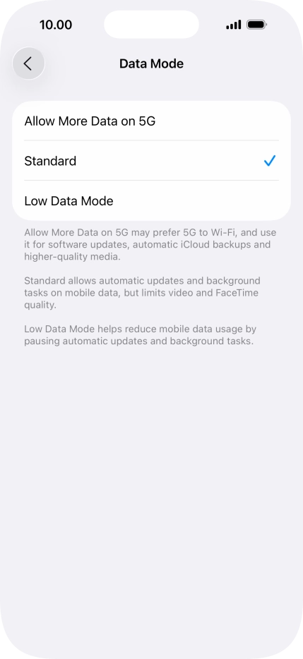 Press the required setting. Press the required setting.
