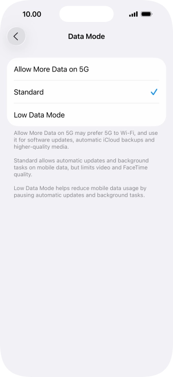 Press the required setting. Press the required setting.