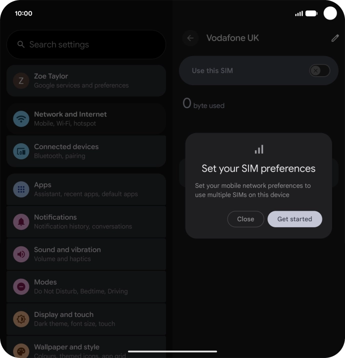 If you turn on use of the SIM, press Get started and follow the instructions on the screen. If you turn on use of the SIM, press Get started and follow the instructions on the screen.