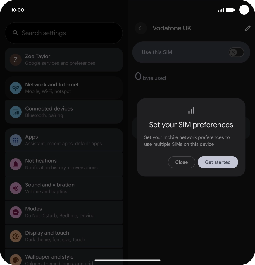 If you turn on use of the SIM, press Get started and follow the instructions on the screen. If you turn on use of the SIM, press Get started and follow the instructions on the screen.