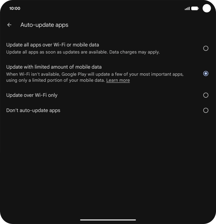 To turn on automatic update of apps using mobile network, press Update all apps over Wi-Fi or mobile data. To turn on automatic update of apps using mobile network, press Update all apps over Wi-Fi or mobile data.