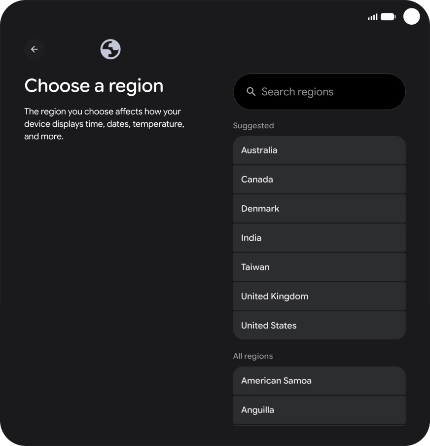 Press the required country or area. Press the required country or area.