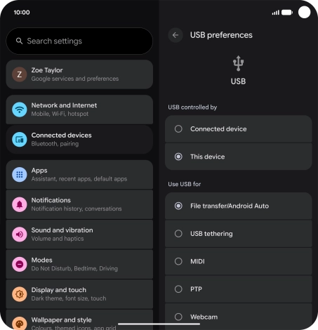 Press File transfer/Android Auto. Press File transfer/Android Auto.