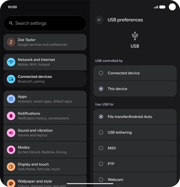 Press File transfer/Android Auto. Press File transfer/Android Auto.