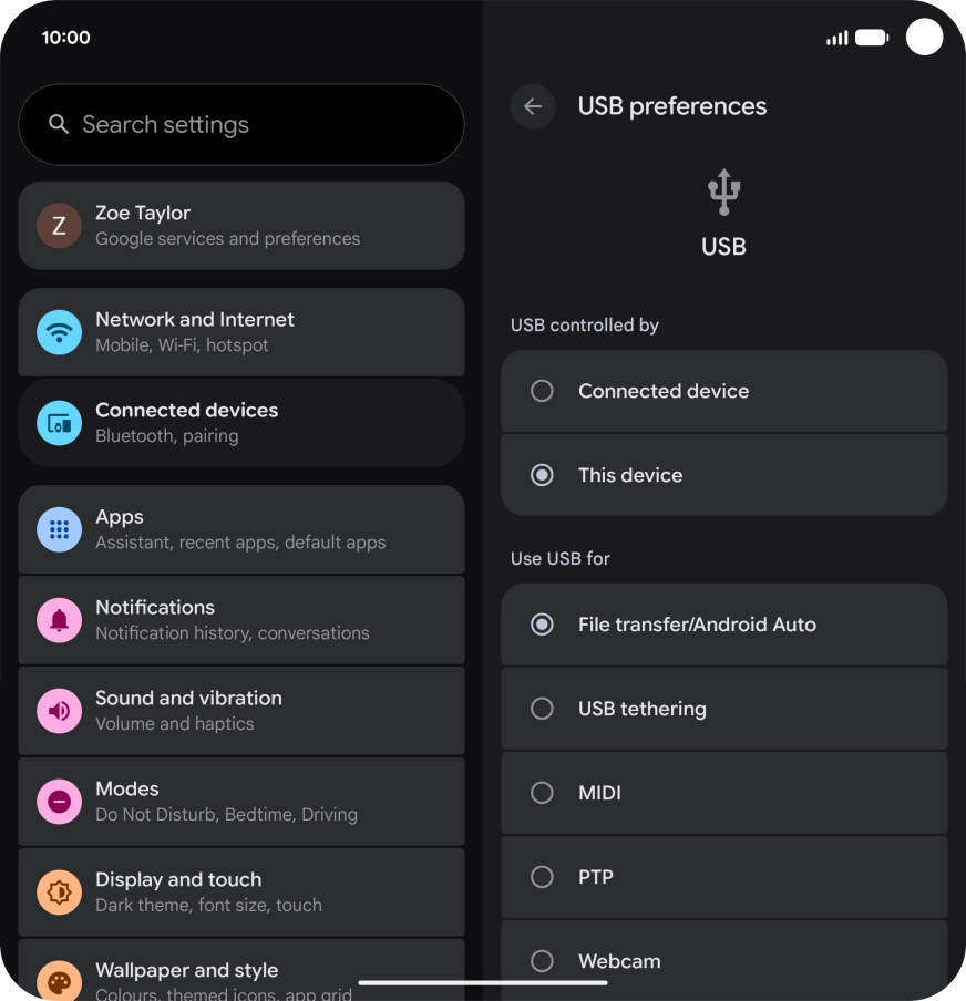 Press File transfer/Android Auto. Press File transfer/Android Auto.