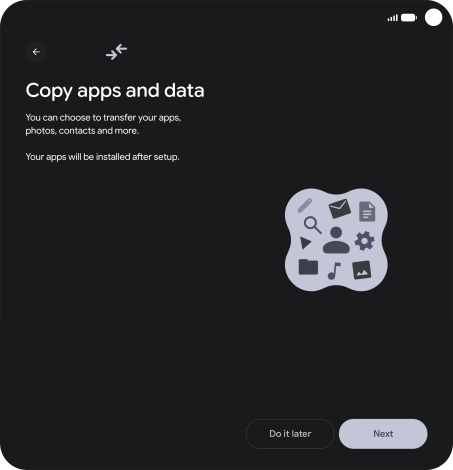 When this screen is displayed, your phone is ready to restore content from a Google One backup. When this screen is displayed, your phone is ready to restore content from a Google One backup.