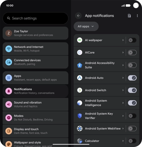Press the indicator next to the required apps to turn the function on or off. Press the indicator next to the required apps to turn the function on or off.