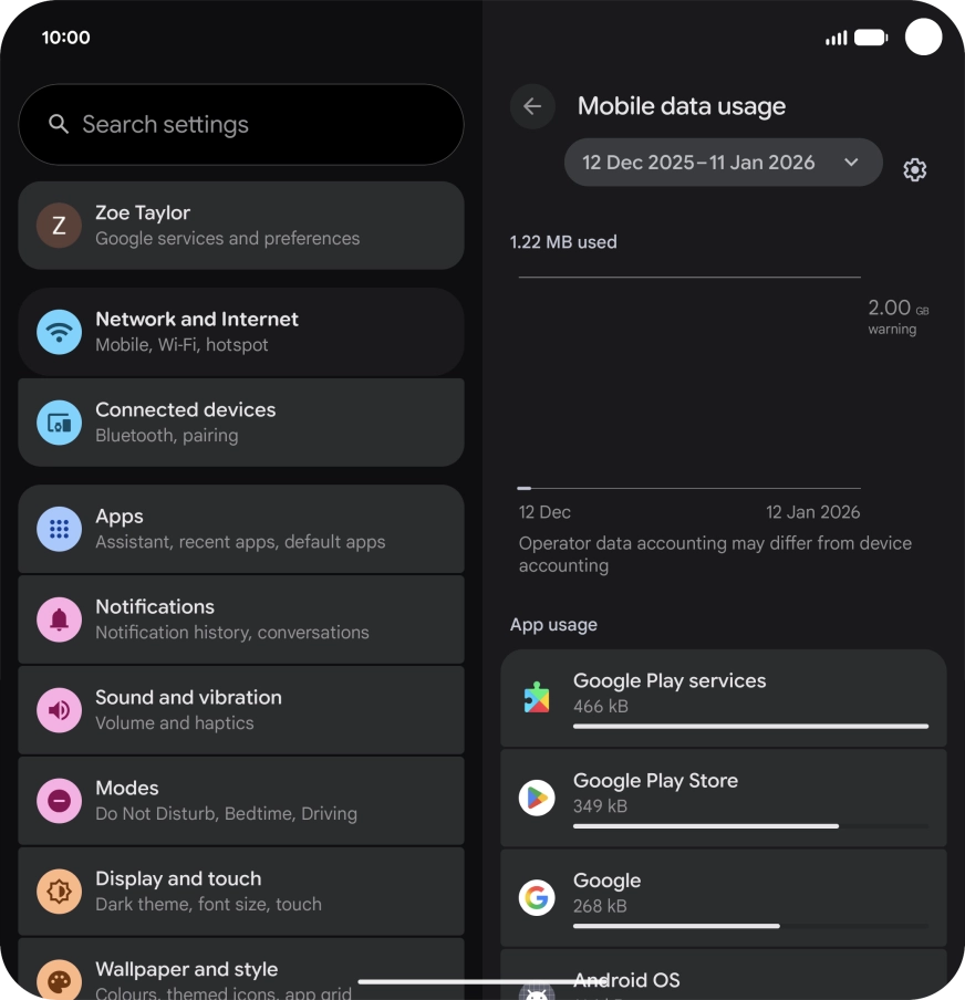 The data usage for each application is displayed below the name of the application. The data usage for each application is displayed below the name of the application.