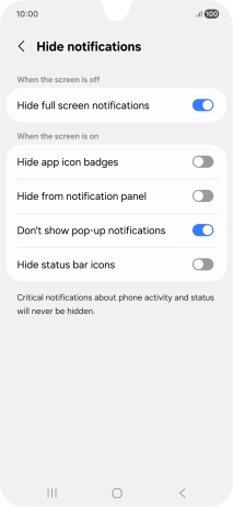 Press the indicators next to the required settings to turn display of the selected notification types on or off. Press the indicators next to the required settings to turn display of the selected notification types on or off.