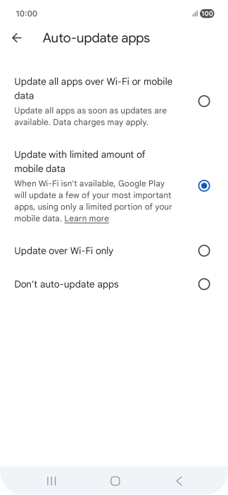 To turn on automatic update of apps using mobile network, press Update all apps over Wi-Fi or mobile data. To turn on automatic update of apps using mobile network, press Update all apps over Wi-Fi or mobile data.
