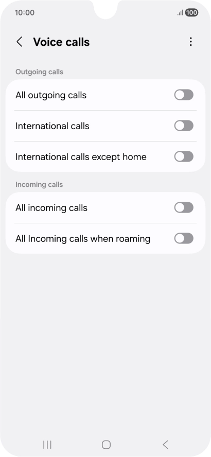 Press the indicator next to the required barring type to turn the function on or off. Press the indicator next to the required barring type to turn the function on or off.