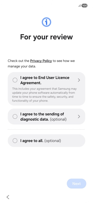 Press the fields next to the required settings to select them. Press the fields next to the required settings to select them.