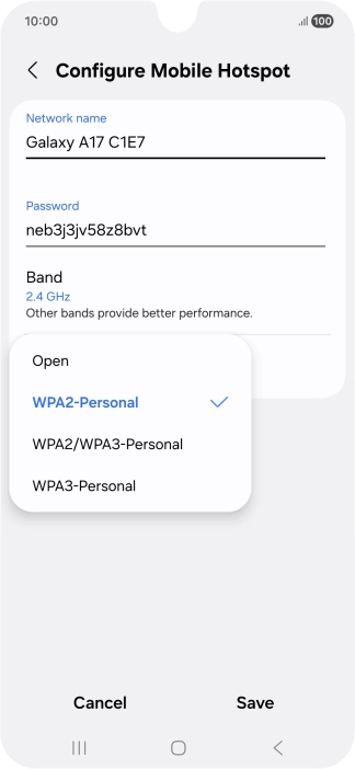 Press WPA3-Personal to password protect your Wi-Fi hotspot. Press WPA3-Personal to password protect your Wi-Fi hotspot.