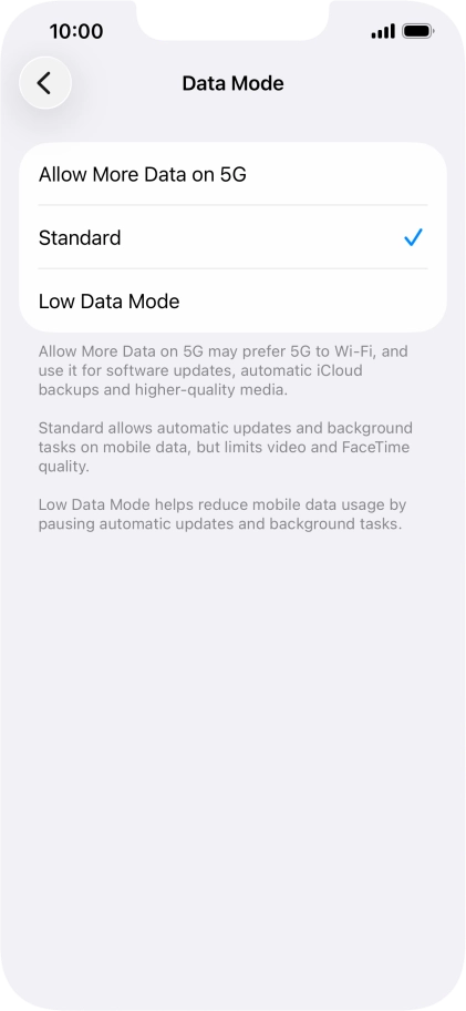 Press the required setting. Press the required setting.