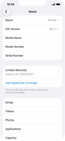 Your phone's software version is displayed next to iOS Version. Your phone's software version is displayed next to iOS Version.