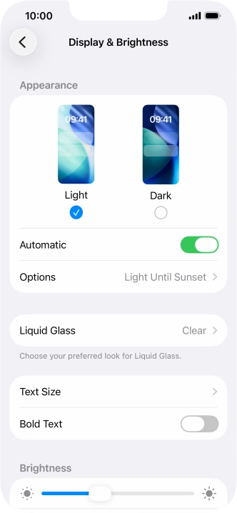If you turn on the function, press Options and follow the instructions on the screen to select the required period of time for Dark Mode. If you turn on the function, press Options and follow the instructions on the screen to select the required period of time for Dark Mode.