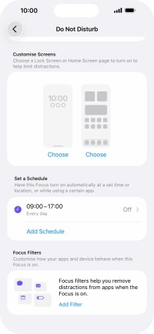 Press Add Schedule and follow the instructions on the screen to select settings for automatic activation of Do Not Disturb. Press Add Schedule and follow the instructions on the screen to select settings for automatic activation of Do Not Disturb.