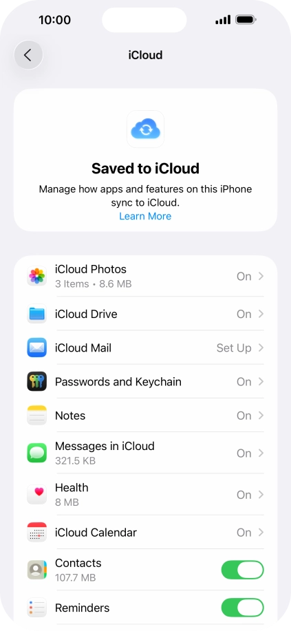 Press the indicators next to the required data types to turn synchronisation of each data type on or off. Press the indicators next to the required data types to turn synchronisation of each data type on or off.