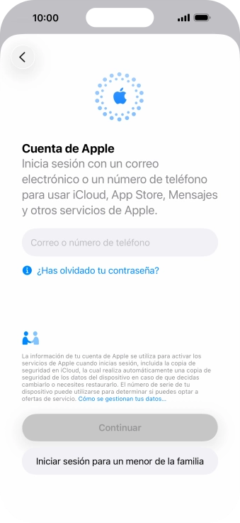 Pulsa Correo o número de teléfono e introduce el nombre de usuario de tu Cuenta de Apple. Pulsa Correo o número de teléfono e introduce el nombre de usuario de tu Cuenta de Apple.