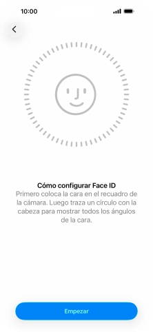 Pulsa Empezar y sigue las indicaciones de la pantalla para crear un código de seguridad con la función de reconocimiento facial (Face ID). Pulsa Empezar y sigue las indicaciones de la pantalla para crear un código de seguridad con la función de reconocimiento facial (Face ID).
