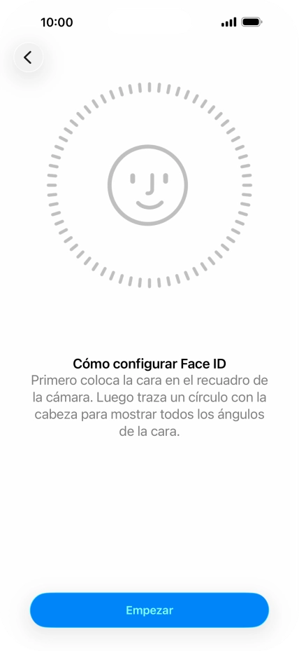 Pulsa Empezar y sigue las indicaciones de la pantalla para crear un código de seguridad con la función de reconocimiento facial (Face ID). Pulsa Empezar y sigue las indicaciones de la pantalla para crear un código de seguridad con la función de reconocimiento facial (Face ID).