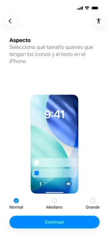 Selecciona el tamaño de letra y de los iconos que debe tener el teléfono y pulsa Continuar. Selecciona el tamaño de letra y de los iconos que debe tener el teléfono y pulsa Continuar.