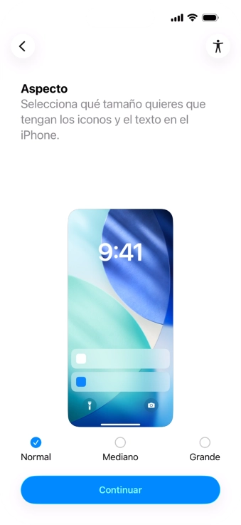 Selecciona el tamaño de letra y de los iconos que debe tener el teléfono y pulsa Continuar. Selecciona el tamaño de letra y de los iconos que debe tener el teléfono y pulsa Continuar.