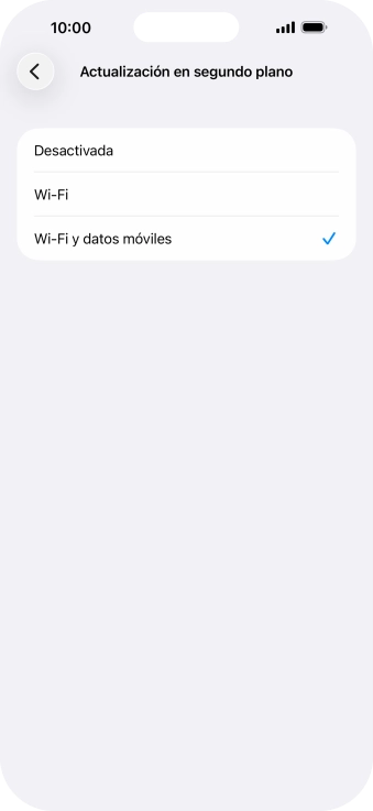Para desactivar la actualización de apps en ejecución, pulsa Desactivada. Para desactivar la actualización de apps en ejecución, pulsa Desactivada.