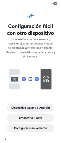 Pulsa la opción deseada para transferir contenido desde otro dispositivo y pulsa Configurar manualmente. Pulsa la opción deseada para transferir contenido desde otro dispositivo y pulsa Configurar manualmente.