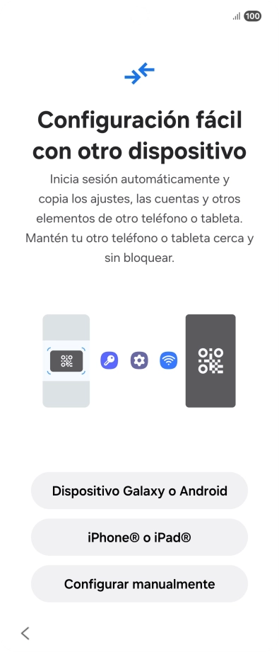 Pulsa la opción deseada para transferir contenido desde otro dispositivo y pulsa Configurar manualmente. Pulsa la opción deseada para transferir contenido desde otro dispositivo y pulsa Configurar manualmente.