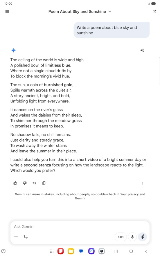You can ask Gemini to generate a text based on your description. You can ask Gemini to generate a text based on your description.