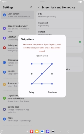 Slide your finger across the screen to connect at least four points and press Continue. Slide your finger across the screen to connect at least four points and press Continue.