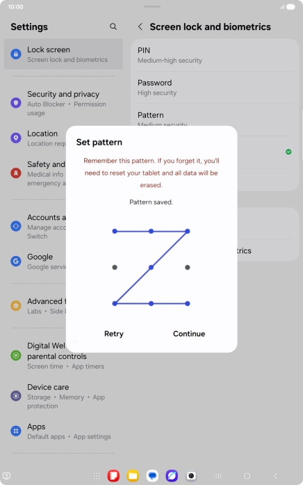 Slide your finger across the screen to connect at least four points and press Continue. Slide your finger across the screen to connect at least four points and press Continue.