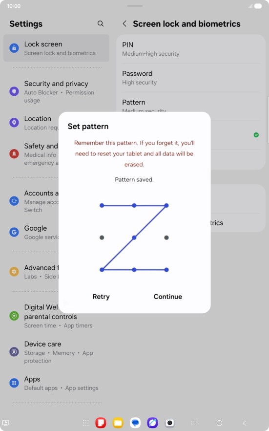 Slide your finger across the screen to connect at least four points and press Continue. Slide your finger across the screen to connect at least four points and press Continue.