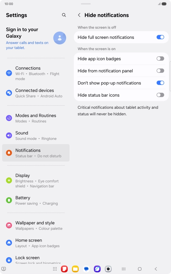 Press the indicators next to the required settings to turn display of the selected notification types on or off. Press the indicators next to the required settings to turn display of the selected notification types on or off.