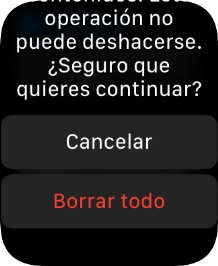 Pulsa Borrar todo. Espera unos instantes mientras el Apple Watch restablece la configuración predeterminada. Sigue las indicaciones de la pantalla para configurar el Apple Watch y dejarlo listo para su uso. Pulsa Borrar todo. Espera unos instantes mientras el Apple Watch restablece la configuración predeterminada. Sigue las indicaciones de la pantalla para configurar el Apple Watch y dejarlo listo para su uso.
