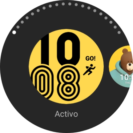 Desliza el dedo hacia la izquierda para ver las diferentes esferas del reloj. Desliza el dedo hacia la izquierda para ver las diferentes esferas del reloj.