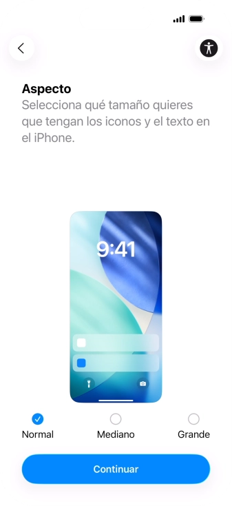 Selecciona el tamaño de letra y de los iconos que debe tener el teléfono y pulsa Continuar. Selecciona el tamaño de letra y de los iconos que debe tener el teléfono y pulsa Continuar.