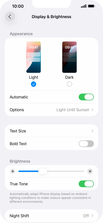 If you turn on the function, press Options and follow the instructions on the screen to select the required period of time for Dark Mode. If you turn on the function, press Options and follow the instructions on the screen to select the required period of time for Dark Mode.