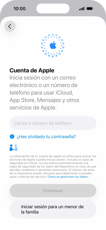 Pulsa Correo o número de teléfono e introduce el nombre de usuario de tu Cuenta de Apple. Pulsa Correo o número de teléfono e introduce el nombre de usuario de tu Cuenta de Apple.