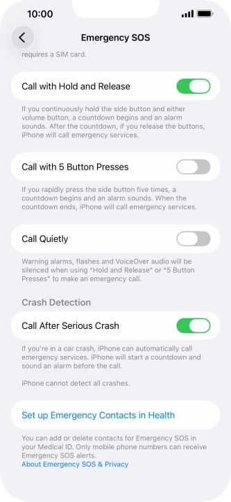 Press Set up Emergency Contacts in Health and follow the instructions on the screen to key in your emergency info and emergency contacts. Press Set up Emergency Contacts in Health and follow the instructions on the screen to key in your emergency info and emergency contacts.