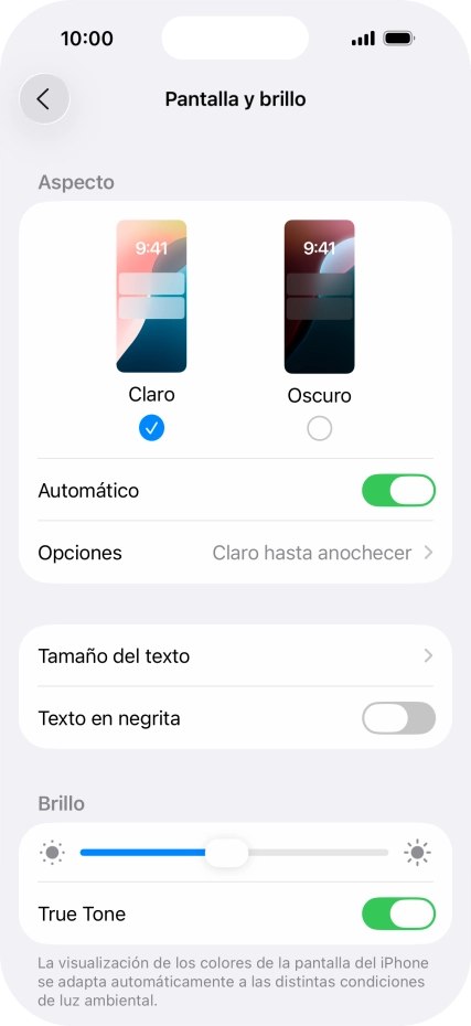 Si activas la función, pulsa Opciones y sigue las indicaciones de la pantalla para seleccionar el período de tiempo que debe durar el Modo Oscuro. Si activas la función, pulsa Opciones y sigue las indicaciones de la pantalla para seleccionar el período de tiempo que debe durar el Modo Oscuro.
