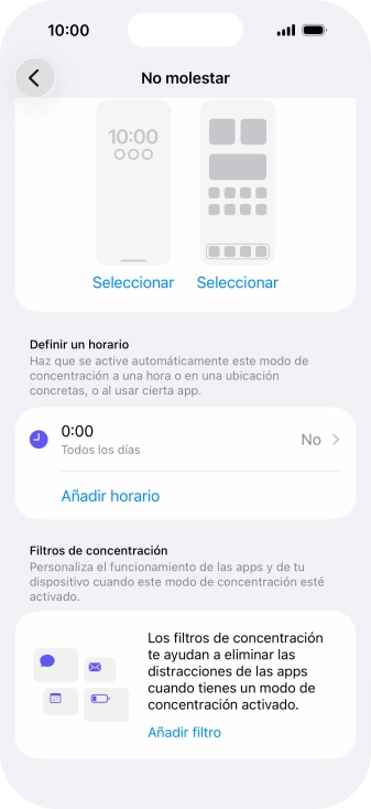 Pulsa Añadir horario y sigue las indicaciones de la pantalla para seleccionar los ajustes de la activación automática de No molestar. Pulsa Añadir horario y sigue las indicaciones de la pantalla para seleccionar los ajustes de la activación automática de No molestar.