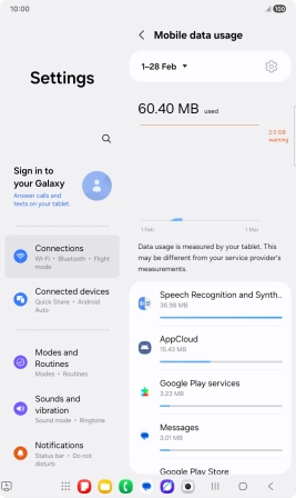 The data usage for each application is displayed below the name of the application. The data usage for each application is displayed below the name of the application.