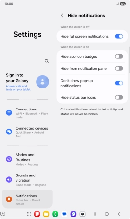 Press the indicators next to the required settings to turn display of the selected notification types on or off. Press the indicators next to the required settings to turn display of the selected notification types on or off.