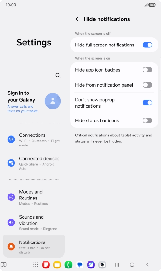 Press the indicators next to the required settings to turn display of the selected notification types on or off. Press the indicators next to the required settings to turn display of the selected notification types on or off.