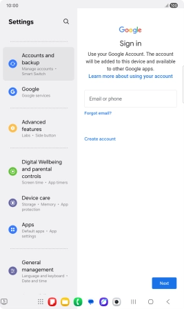 If you don't have a Google account, press Create account and follow the instructions on the screen to create an account. If you don't have a Google account, press Create account and follow the instructions on the screen to create an account.