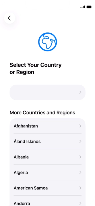 Press the required country or area. Press the required country or area.