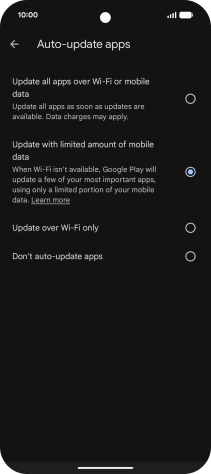 To turn on automatic update of apps using mobile network, press Update all apps over Wi-Fi or mobile data. To turn on automatic update of apps using mobile network, press Update all apps over Wi-Fi or mobile data.
