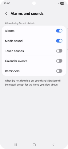 Press the required settings to turn sound and vibration for the selected functions on or off. Press the required settings to turn sound and vibration for the selected functions on or off.